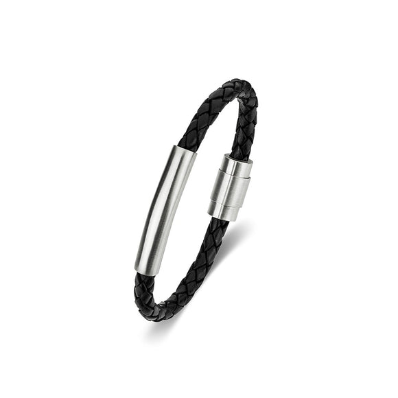 Leather & Stainless Steel Men's Bracelet - Black Braid With Steel Band*
