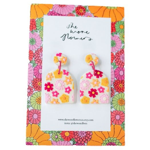 She Wore Flowers Dangles - Cream with Pink Flowers, sold at Have You Met Charlie? a unique gift shop located in Adelaide, South Australia.