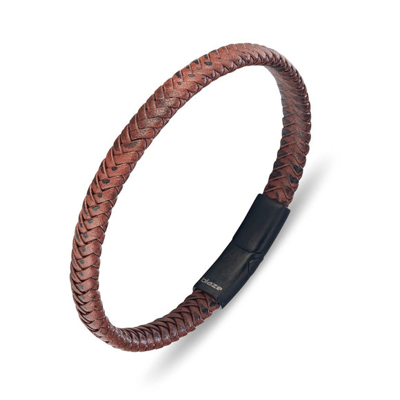 Leather & Stainless Steel Men's Bracelet - Brown Braid