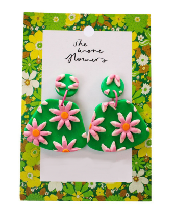 She Wore Flowers Dangles - Green with Pink Flowers, sold at Have You Met Charlie?, a unique gift shop located in Adelaide, South Australia.