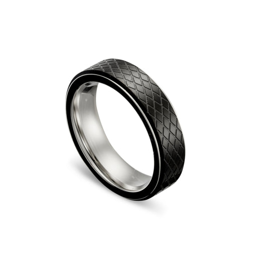 Stainless Steel Men's Ring - Black Crosshatch
