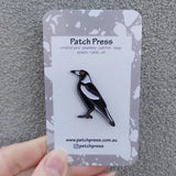 Patch Press Magpie pin in Black, sold at Have You Met Charlie?, a unique gift store in Adelaide, South Australia.