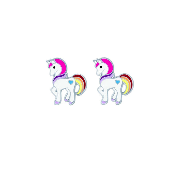 sterling silver studs in prancing unicorn pony design with rainbow tail and love heart marking from unique gift shop have you met charlie in adelaide south australia