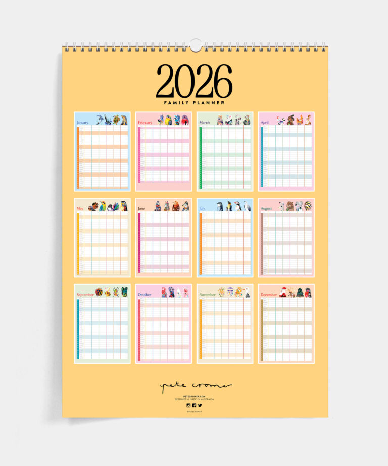 2026 family planner calendar with colorful monthly tabs on a yellow background