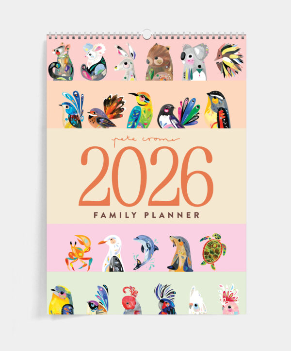 2026 family planner with colorful animal illustrations on a pink background