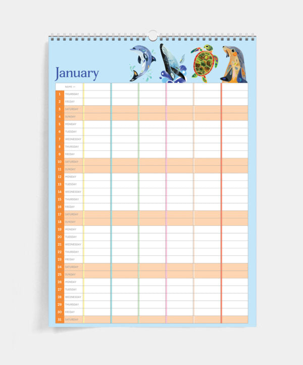 Monthly calendar page with animal illustrations at the top on a light blue background