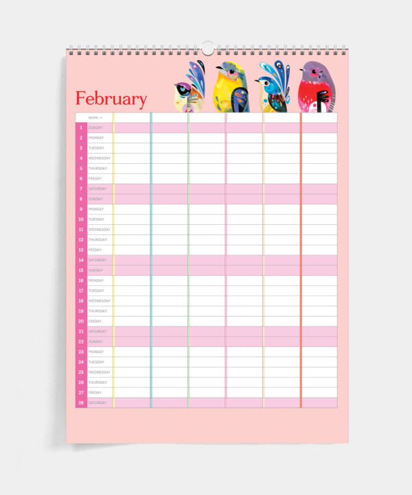 Monthly calendar for February with colorful bird designs on a pink background