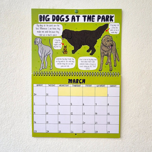 Calendar with illustrations of dogs on a green background