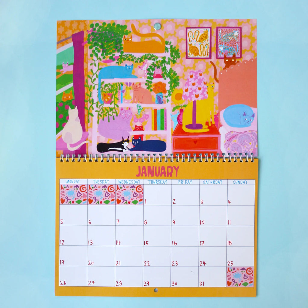 Calendar with a colorful illustration of a room on a blue background