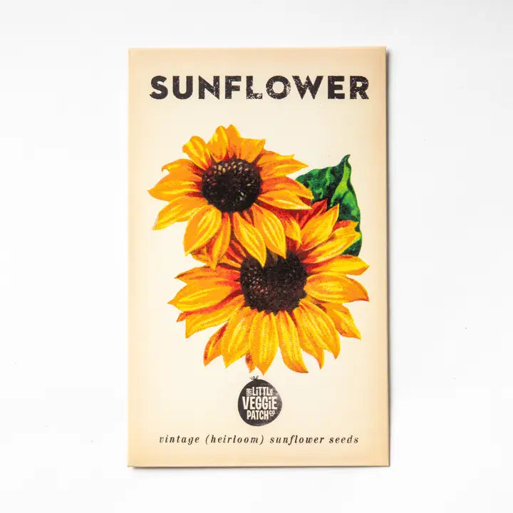 Sunflower seed packet with two sunflowers on a beige background