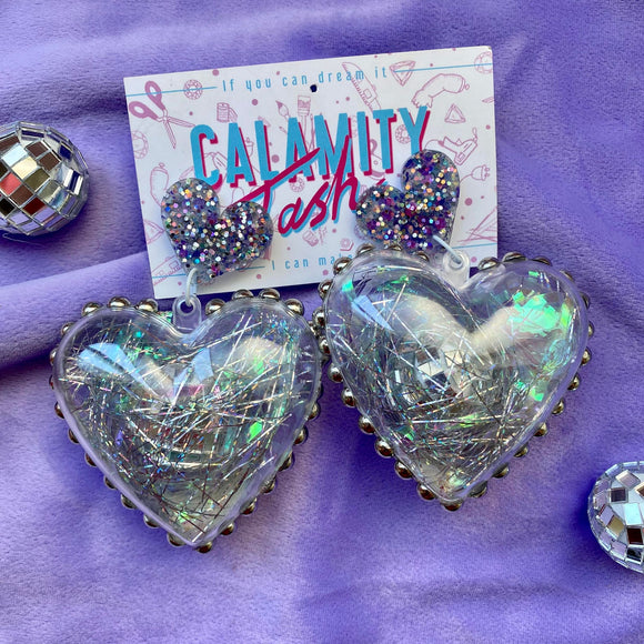 Calamity Tash - Tinsel Heart Earrings. Sold at Have You Met Charlie?, a unique gift shop located in Adelaide, South Australia.