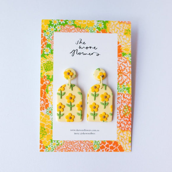 She Wore Flowers Dangles - Yellow Flowers. Sold at Have You Met Charlie?, a unique gift shop located in Adelaide, South Australia.