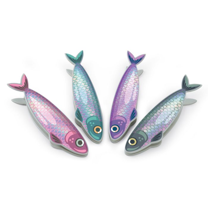 Set of four colorful fish-shaped objects on a white background