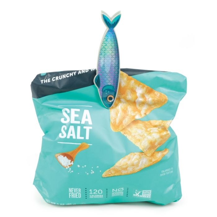 Packaging of sea salt chips with a fish illustration on a white background