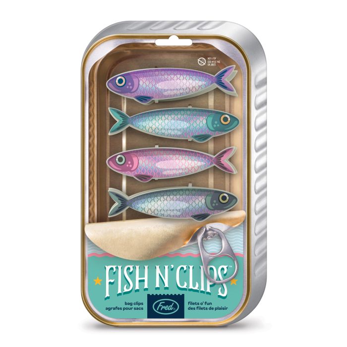 Packaging of Fish 'N' Clips with colorful fish-shaped bag clips on a white background.