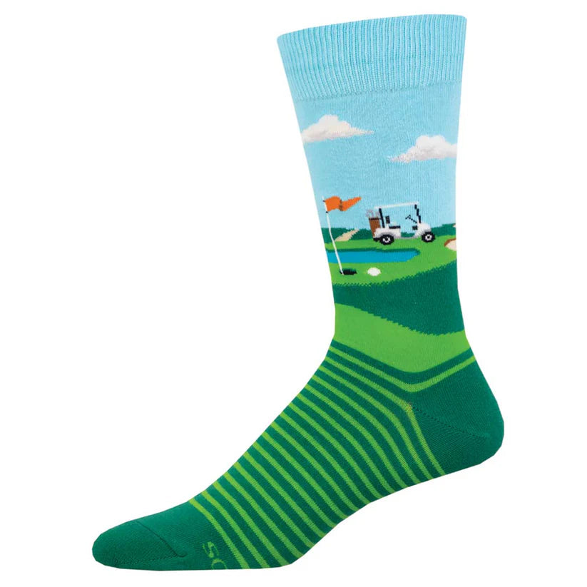 Green and blue sock with golf-themed design on a white background