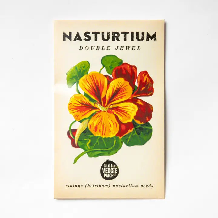 Nasturtium seed packet with colorful flowers on a beige background