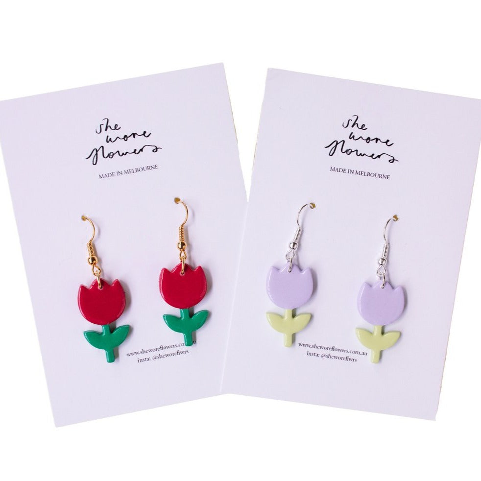 She Wore Flowers - Tulip Dangles. Sold at Have You Met Charlie?, a unique gift shop located in Adelaide, South Australia.