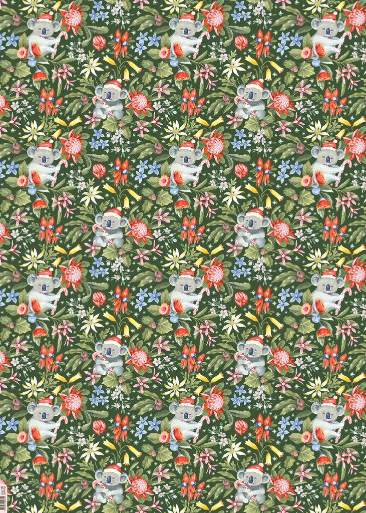 Pattern of koala bears with Santa hats and flowers on a green background