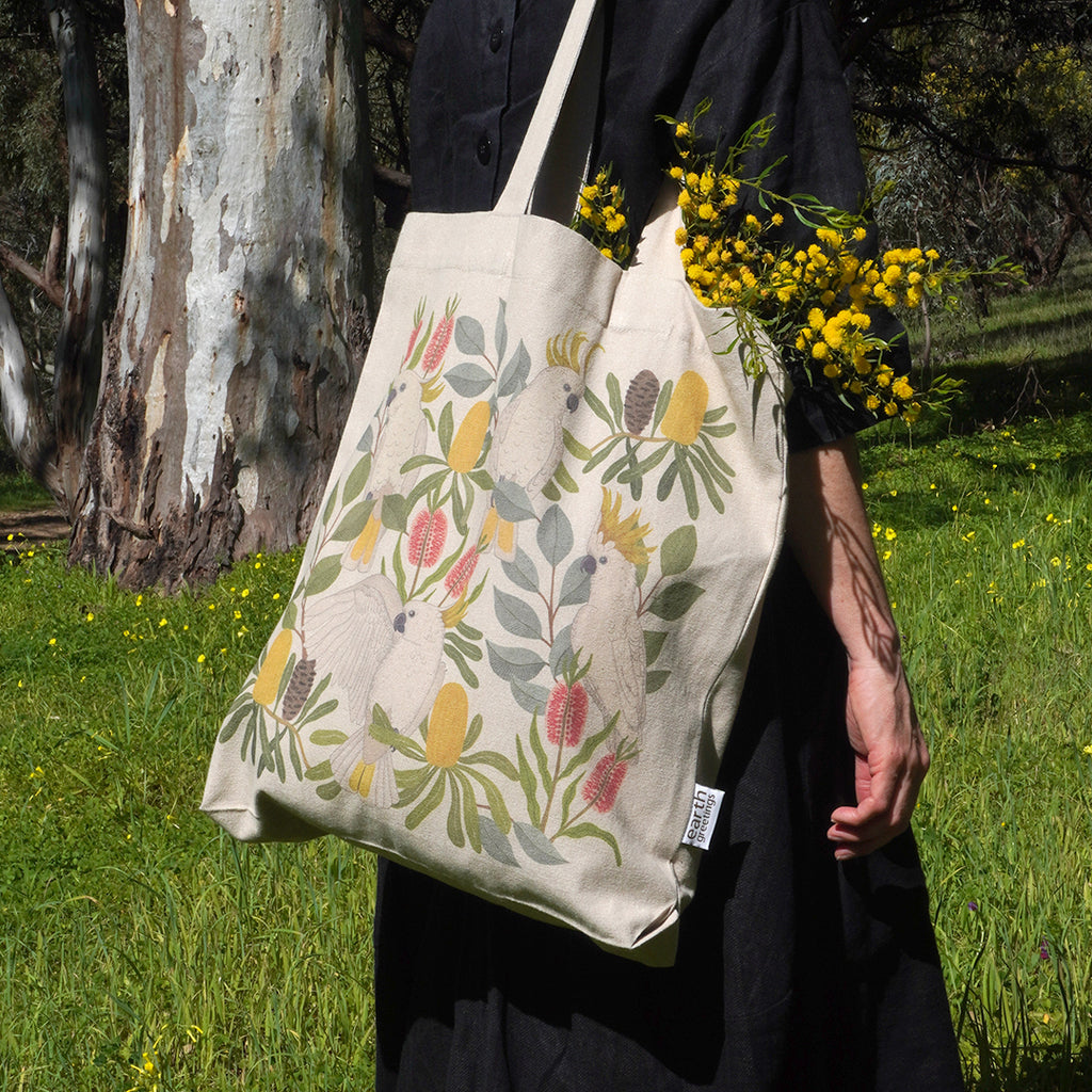 Earth Greetings Tote Bag With Pocket - Aussie Squawkers. Sold at Have You Met Charlie?, a unique gift shop located in Adelaide, South Australia.