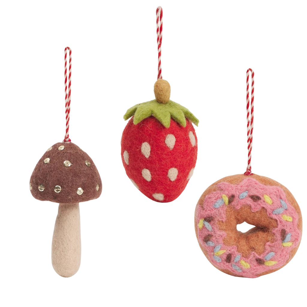 Sage x Clare - Christmas Felt Decoration Various Strawberry, Mushroom, Donut. Sold at Have You Met Charlie?, a unique gift store in Adelaide, South Australia.