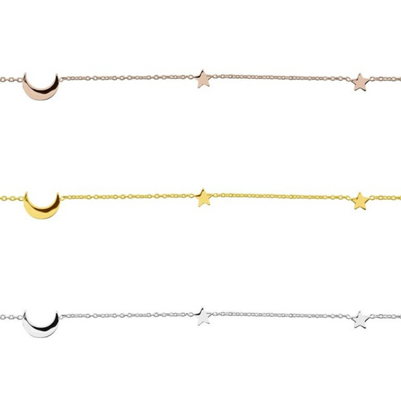 a simple delicate sterling silver bracelet with moon and stars available in silver and rose gold from have you met charlie australia unique gift shop