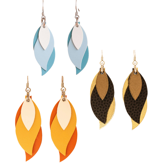 Various coloured Australian leather leaf shape dangles by KI and Co from Have You Met Charlie?, a unique gift shop with handmade Australian gifts.