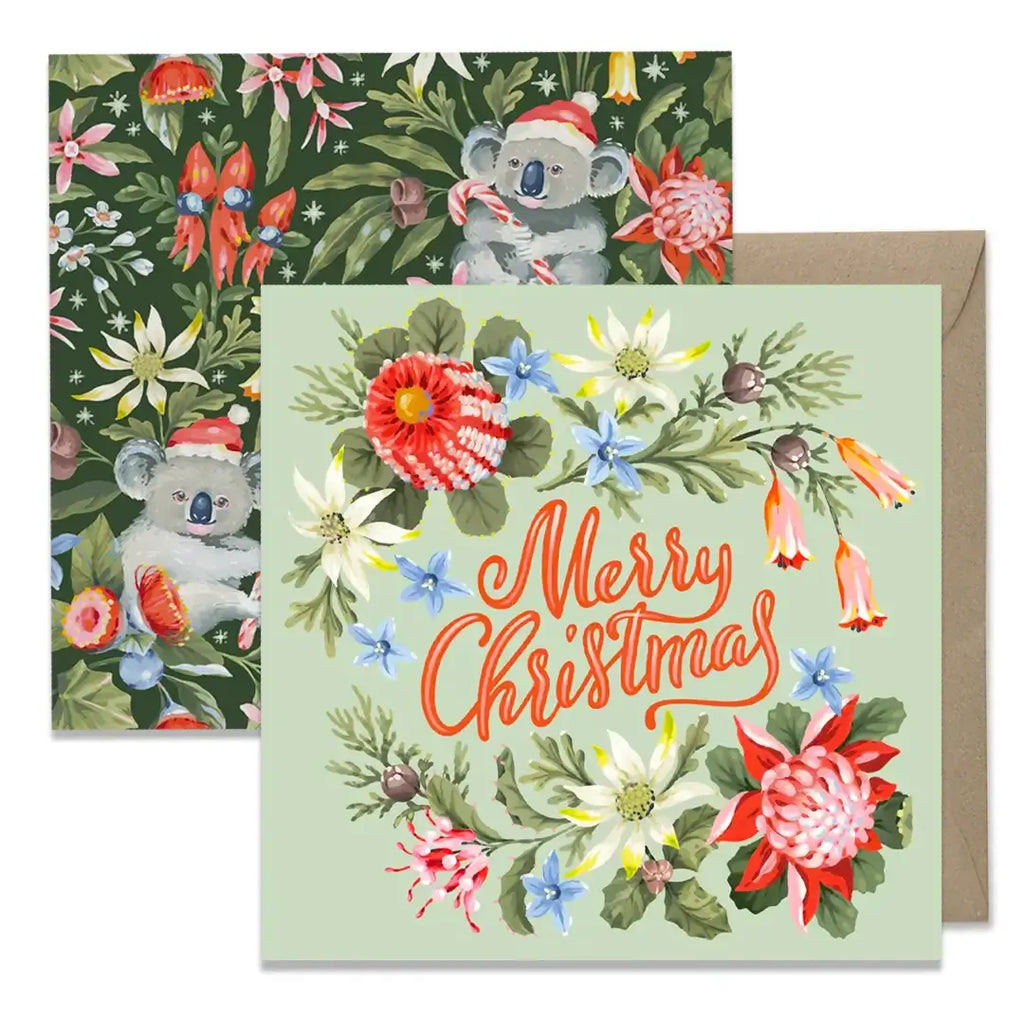 Christmas card with koala and floral design, featuring a matching envelope.