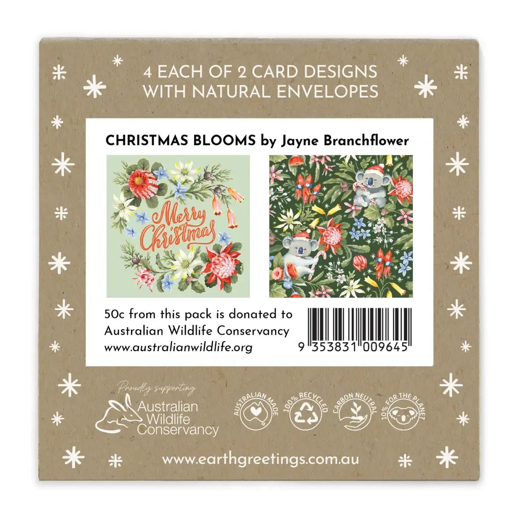 Packaging for Christmas-themed greeting cards by Jayne Branchflower with floral designs and envelopes.
