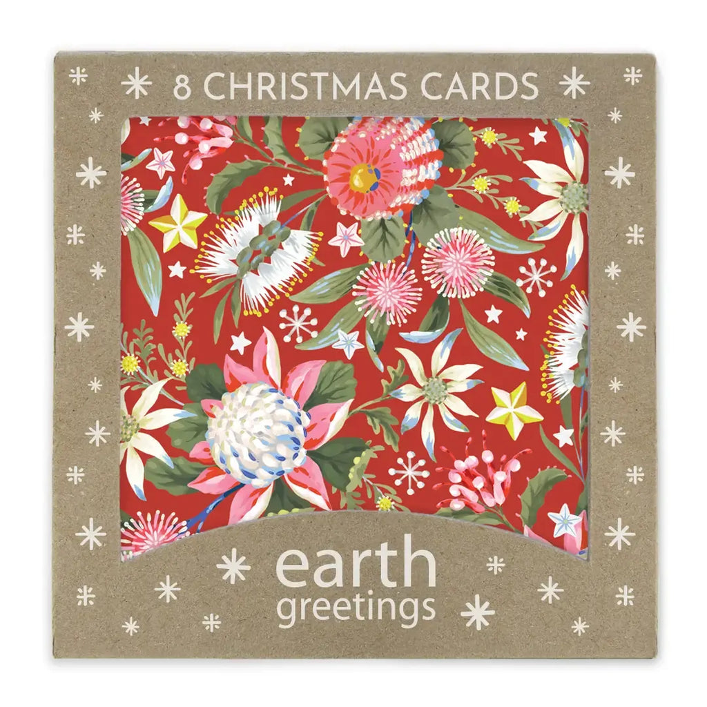 Box of 8 Christmas cards with floral design and 'earth greetings' branding.