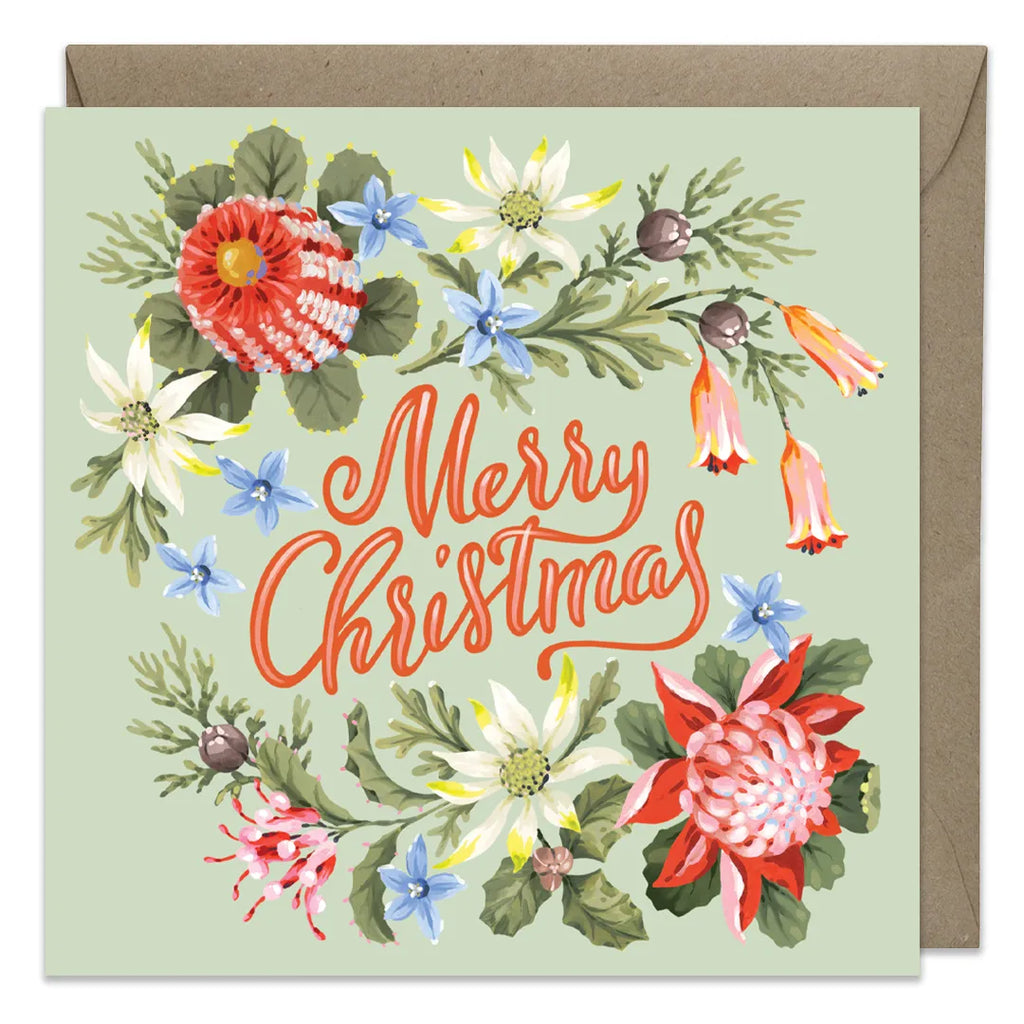 Greeting card with floral design and 'Merry Christmas' text on a light green background.