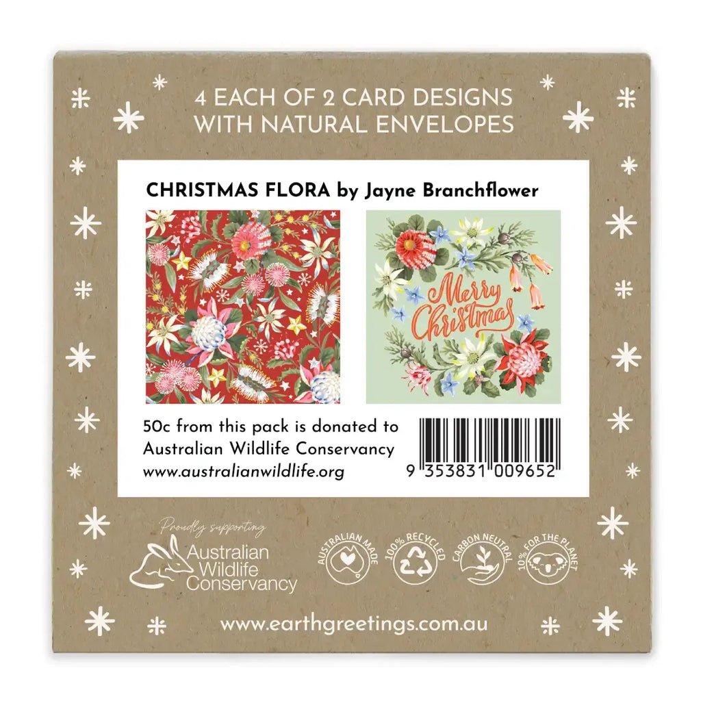 Packaging for Christmas greeting cards by Jayne Branchflower with two card designs and natural envelopes.