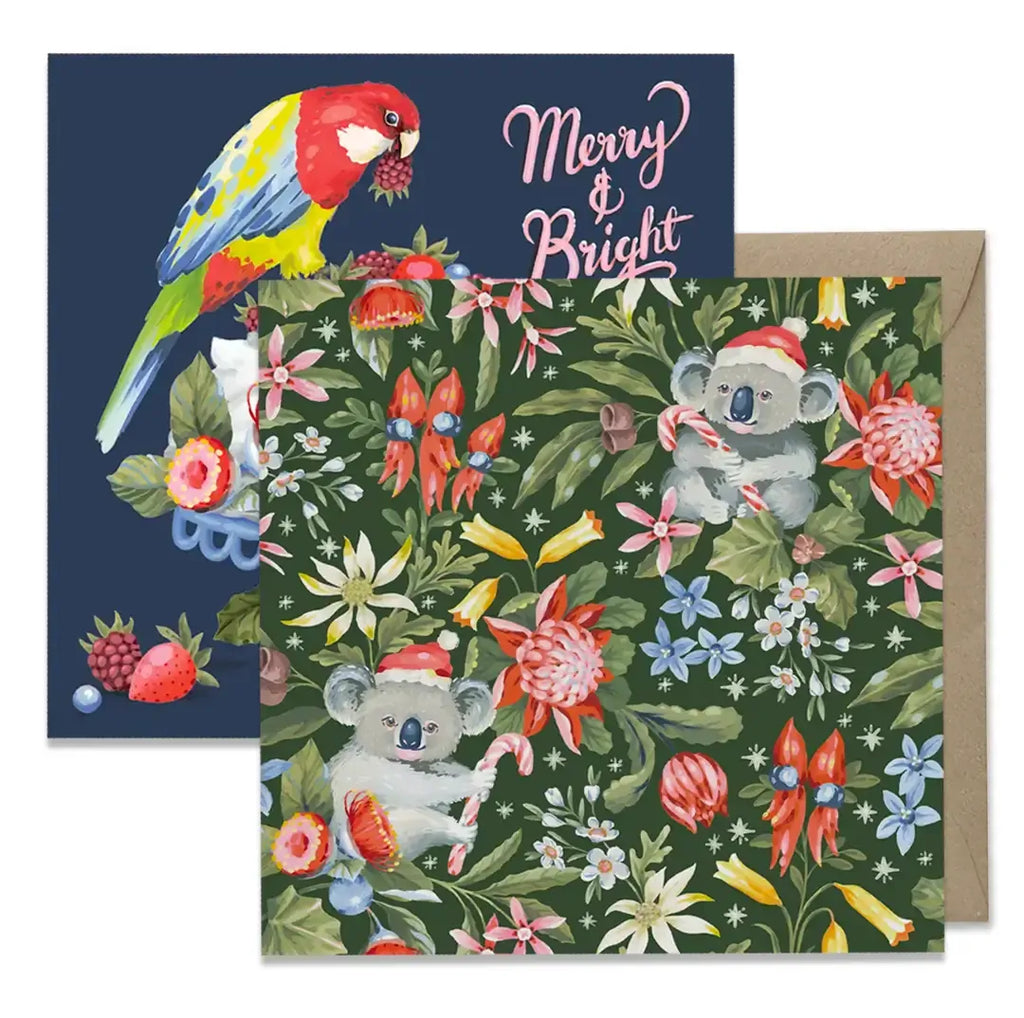 Two Christmas-themed greeting cards with parrots and koalas on a floral background.