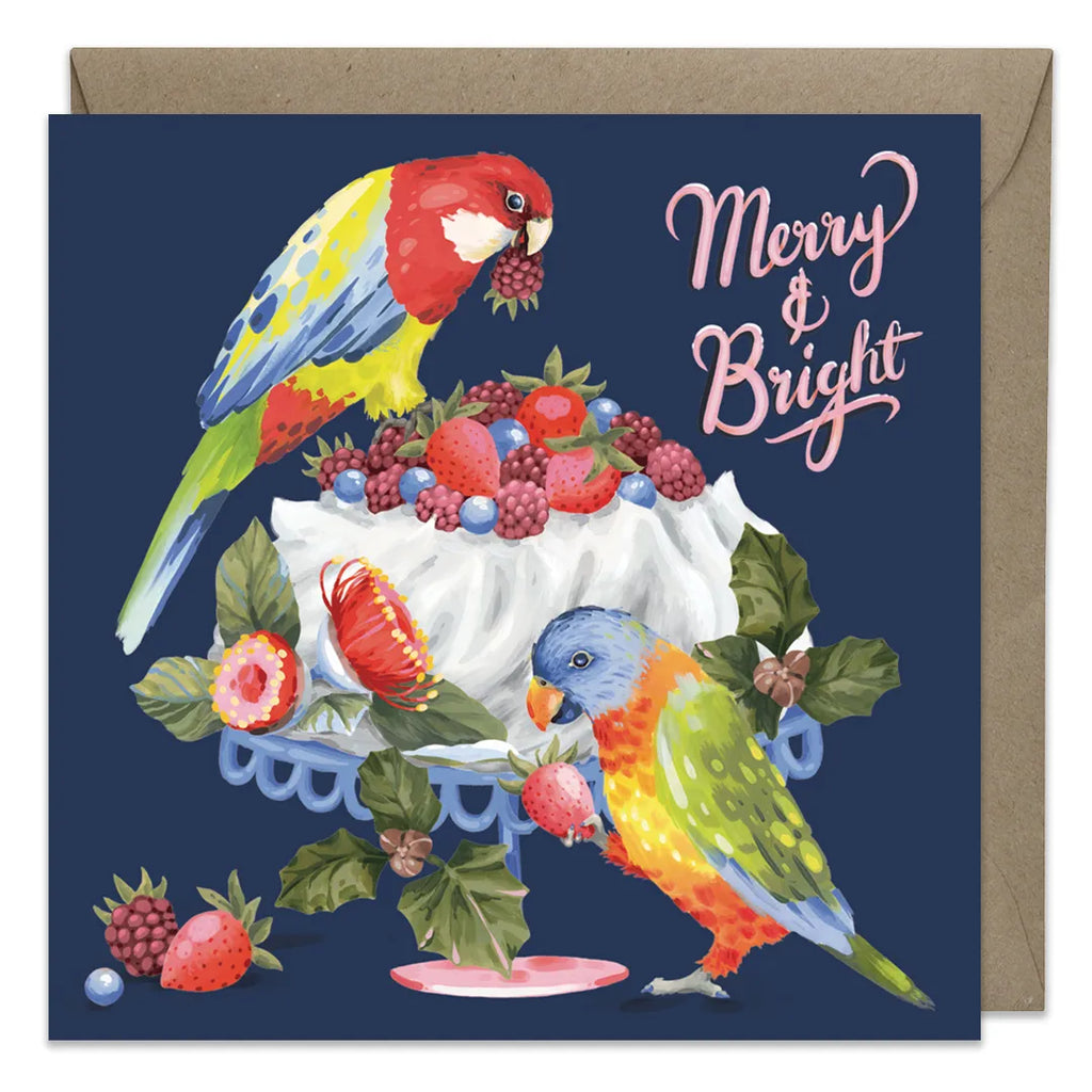 Greeting card with parrots and a cake on a blue background