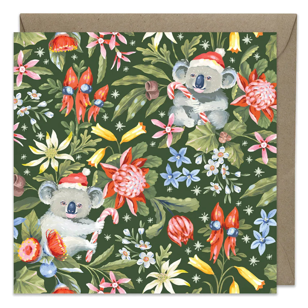 Greeting card with koalas, flowers, and candy canes on a green background