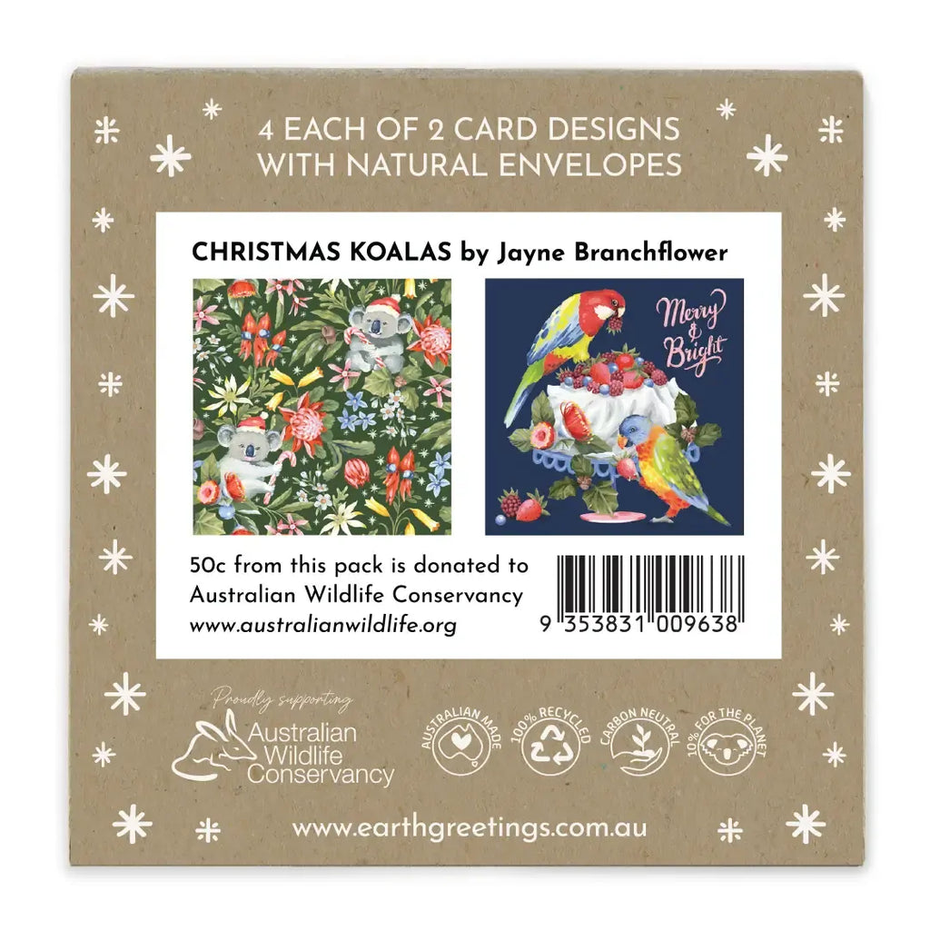 Card packaging with Christmas koala and parrot designs, featuring Earth Greetings branding.