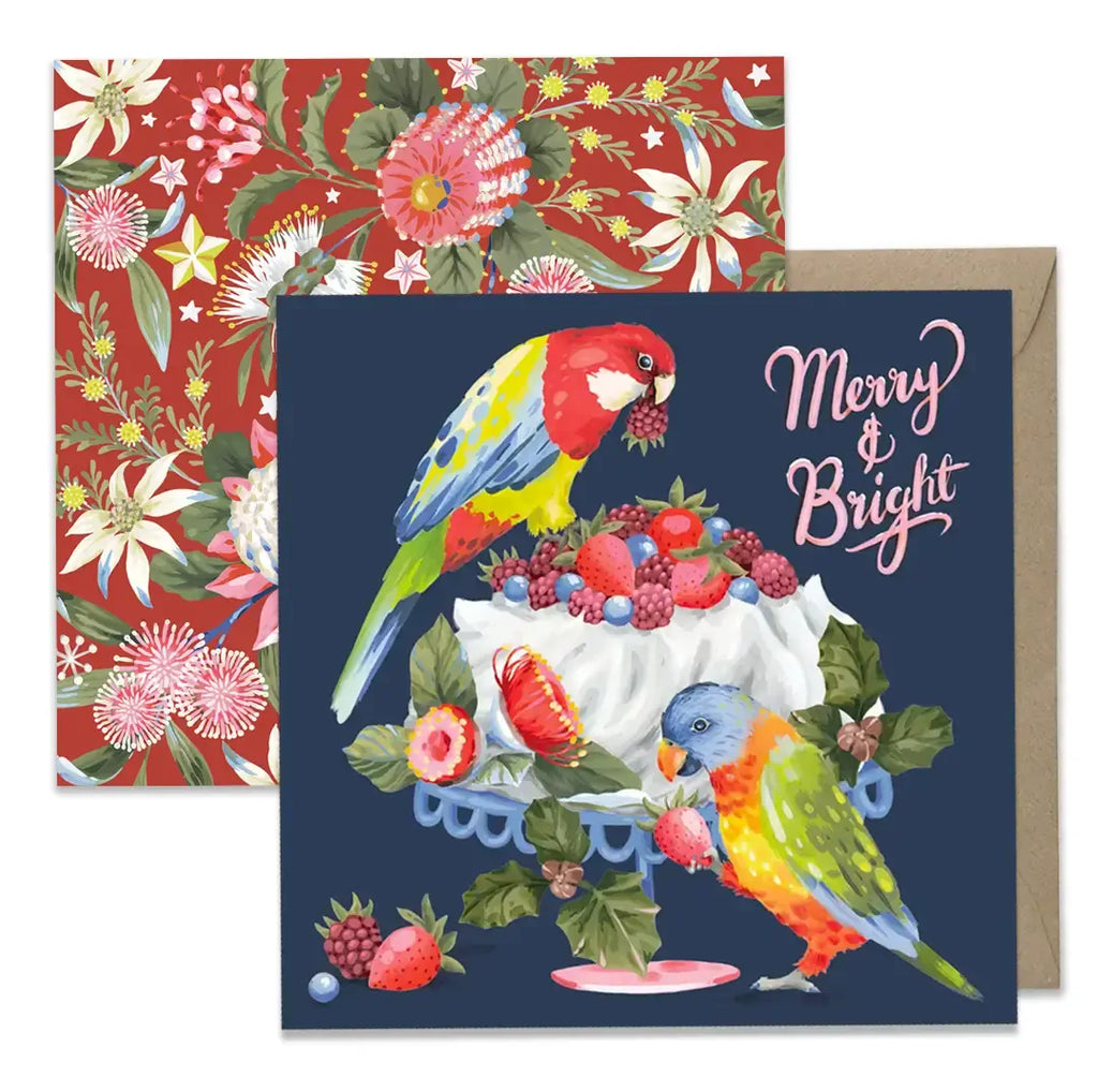 Greeting card with parrots and cake design on a blue background, featuring a floral envelope.