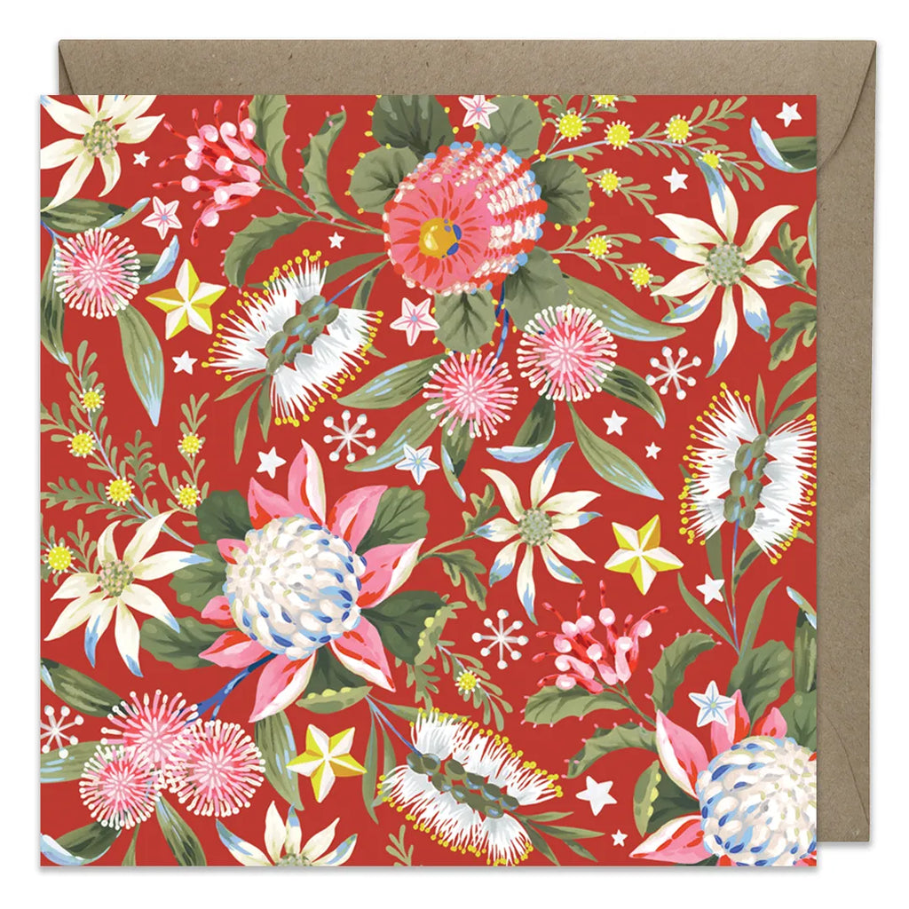 Floral patterned card with a brown envelope on a red background