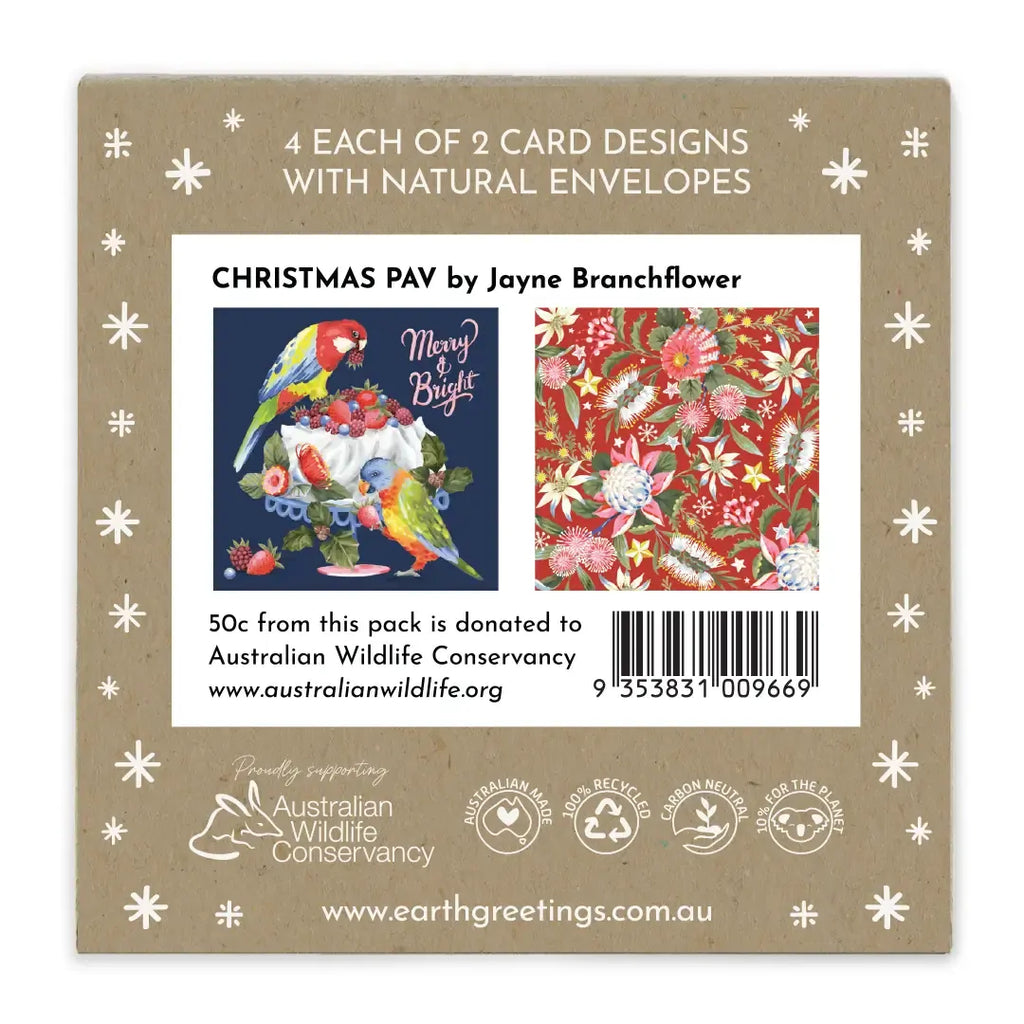 Packaging for Christmas cards with card designs and branding information.