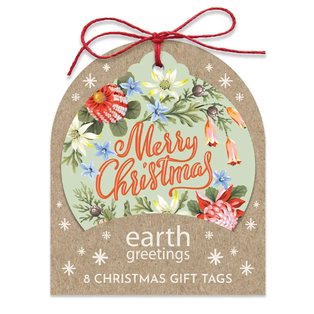 Christmas gift tag with floral design and 'Merry Christmas' text, featuring the brand 'earth greetings'.