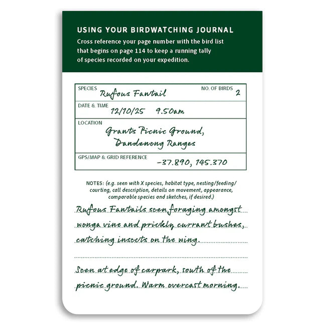Birdwatching journal card with recorded observations of a Rufous Fantail