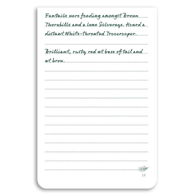 Handwritten text on lined notebook paper with a green leaf design at the bottom right corner.
