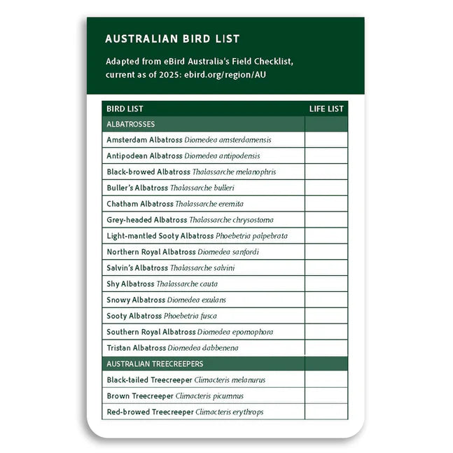 Australian bird list card with a green border and white background