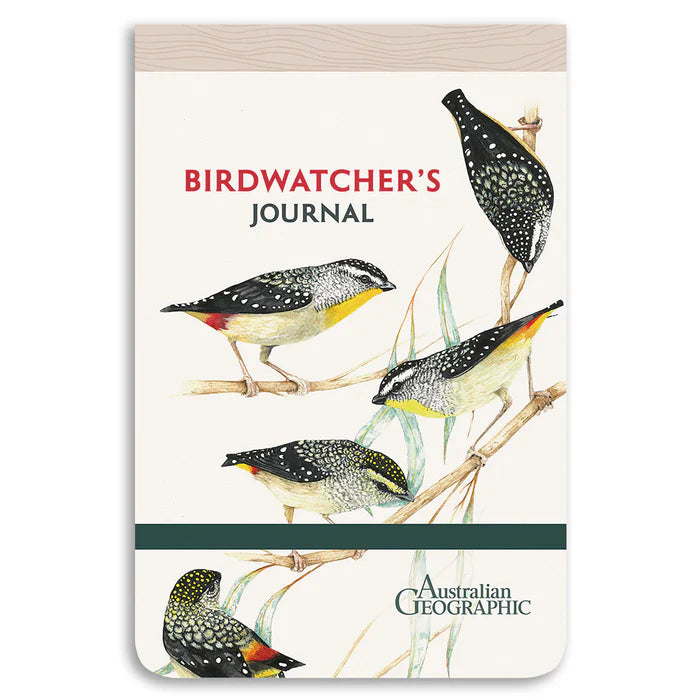 Birdwatcher's Journal with illustrations of birds on a branch, featuring Australian Geographic.