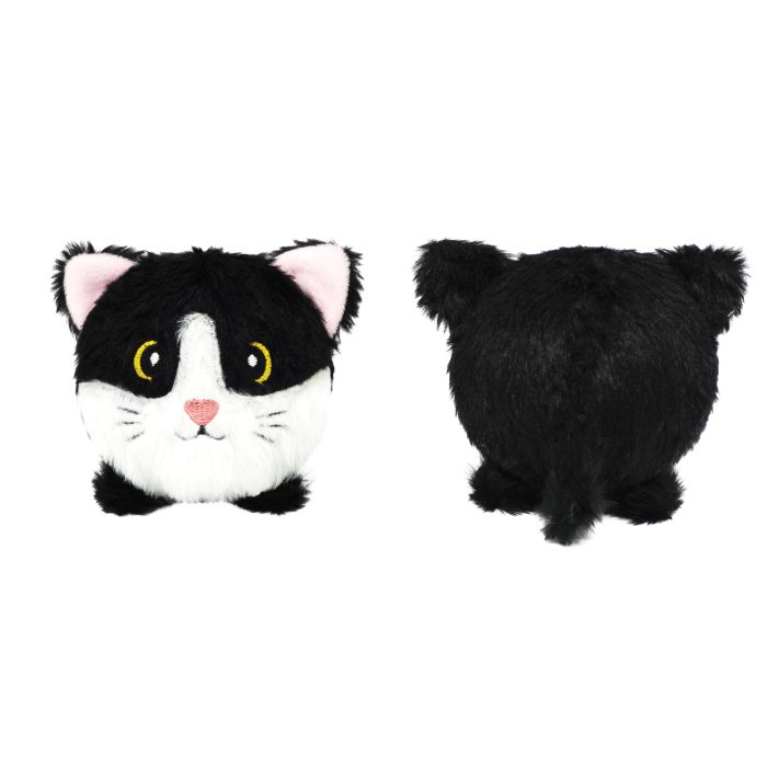Black and white plush cat toy on a white background