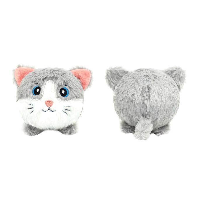 Plush cat toy with gray fur, pink ears, and blue eyes on a white background