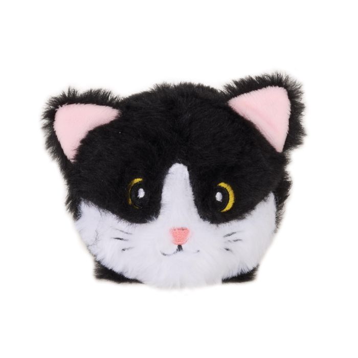 Plush toy shaped like a black and white cat with pink ears on a white background