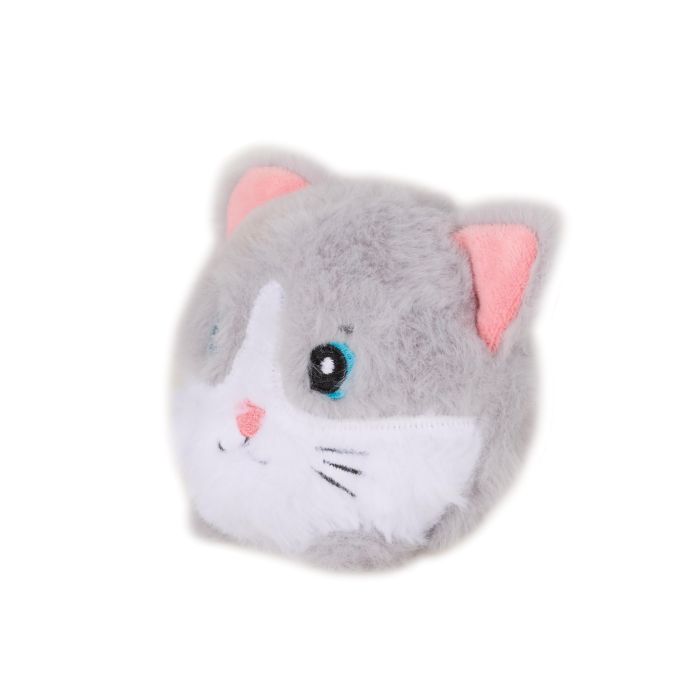 Plush toy shaped like a cat head with pink ears on a white background
