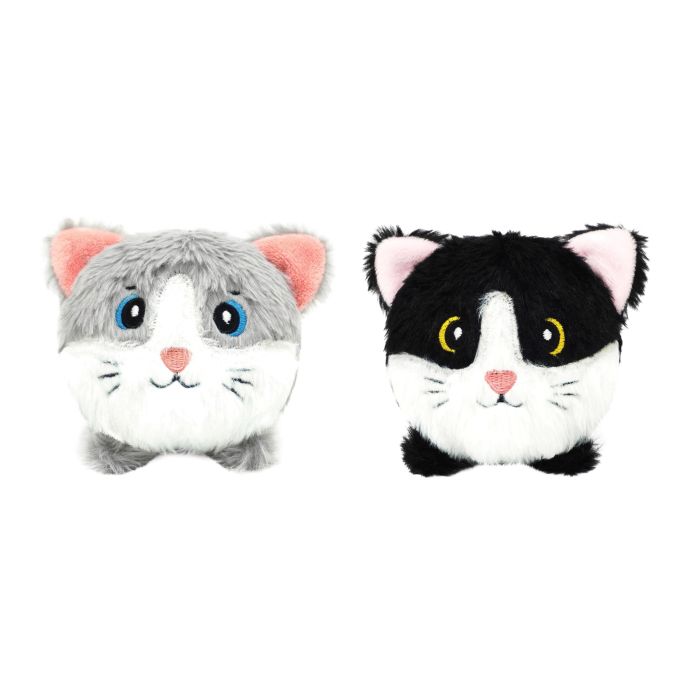 Two plush cat toys, one gray and white, the other black and white, on a white background.