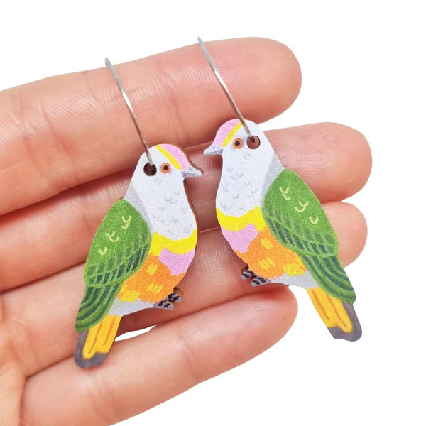 Pixie Nut & Co Dangle - Rose Crowned Fruit Dove Hoops, sold at Have You Met Charlie?, a unique gift shop located in Adelaide, South Australia.